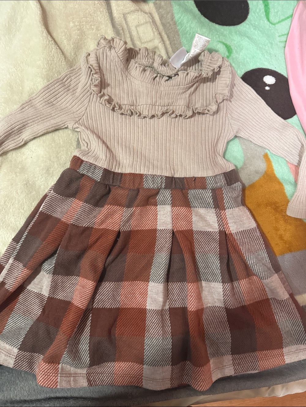 Girls Beige Ruffle Knit Top with Rust Plaid Skirt Dress